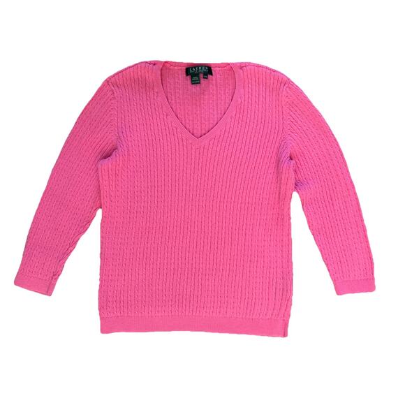 Ralph Lauren Pink V-Neck 3/4 Sleeve Cable Knit Sweater Blouse Size Petite Small - Picture 1 of 6